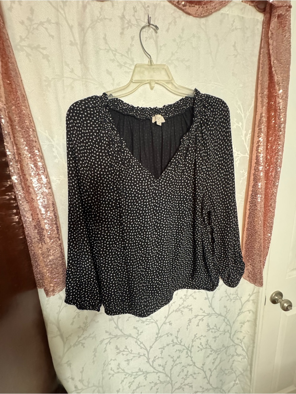 LOF Black Polka Dot V-Neck Smocked Blouse